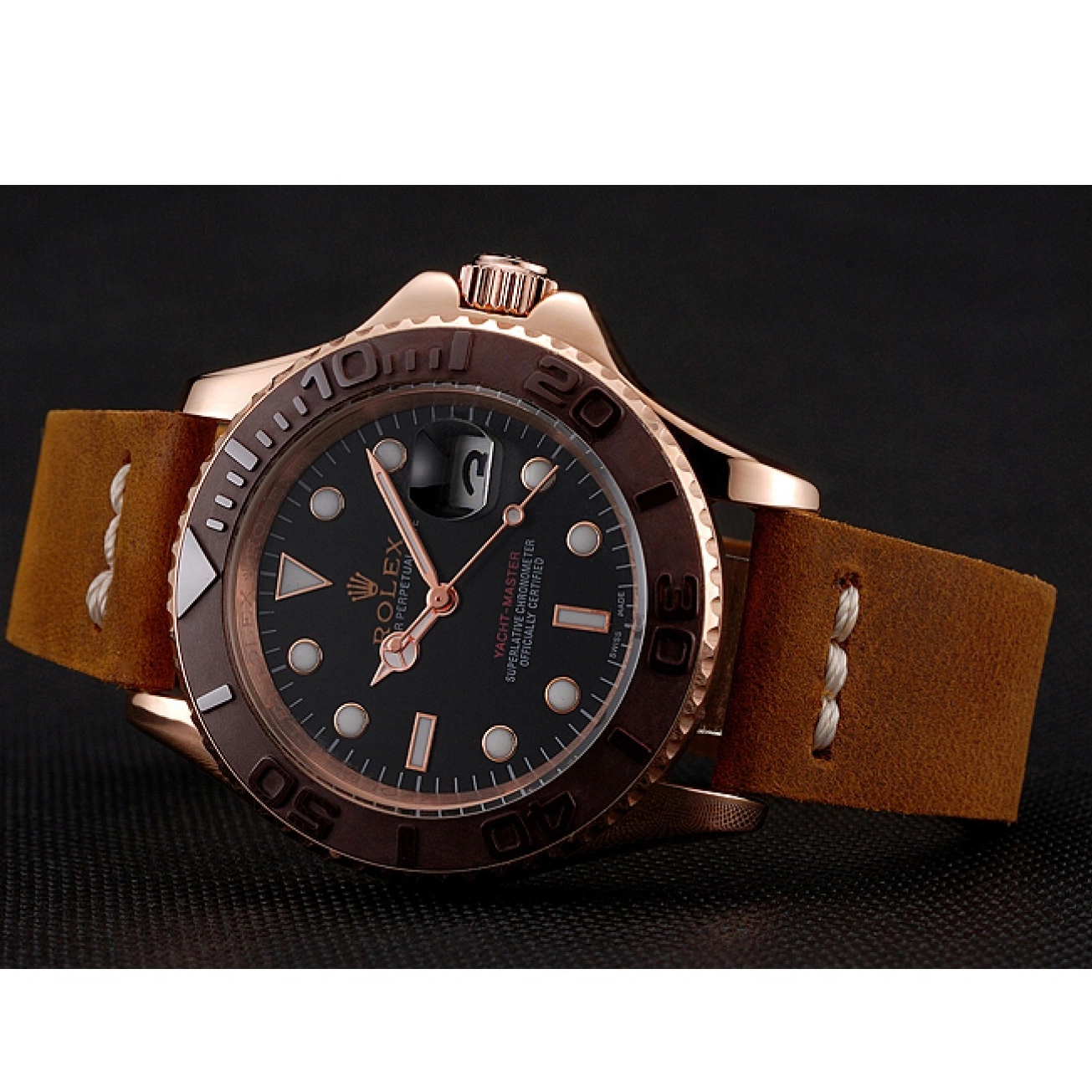 AAA Replica Watches Rose Brown Brown Case Yacht Dial Master Rolex Black Bracelet Bezel 1453860 Gold Leather 0521